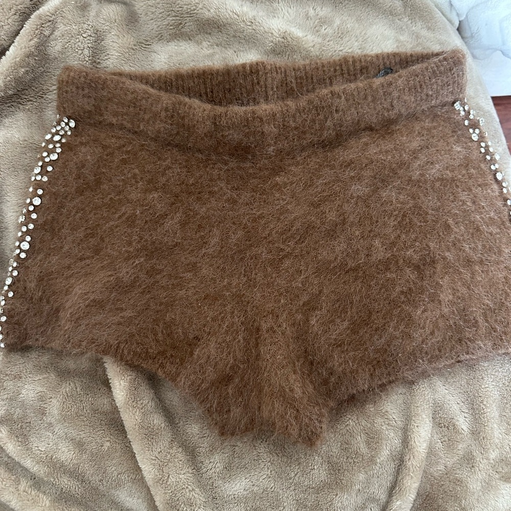 Brown fuzzy textured rhinestone shorts